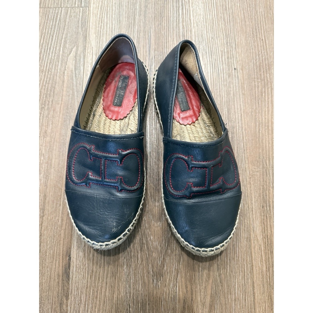 Carolina Herrera CH Initial Embossed Navy Glove Leather Espadrilles Flats Sz. 38